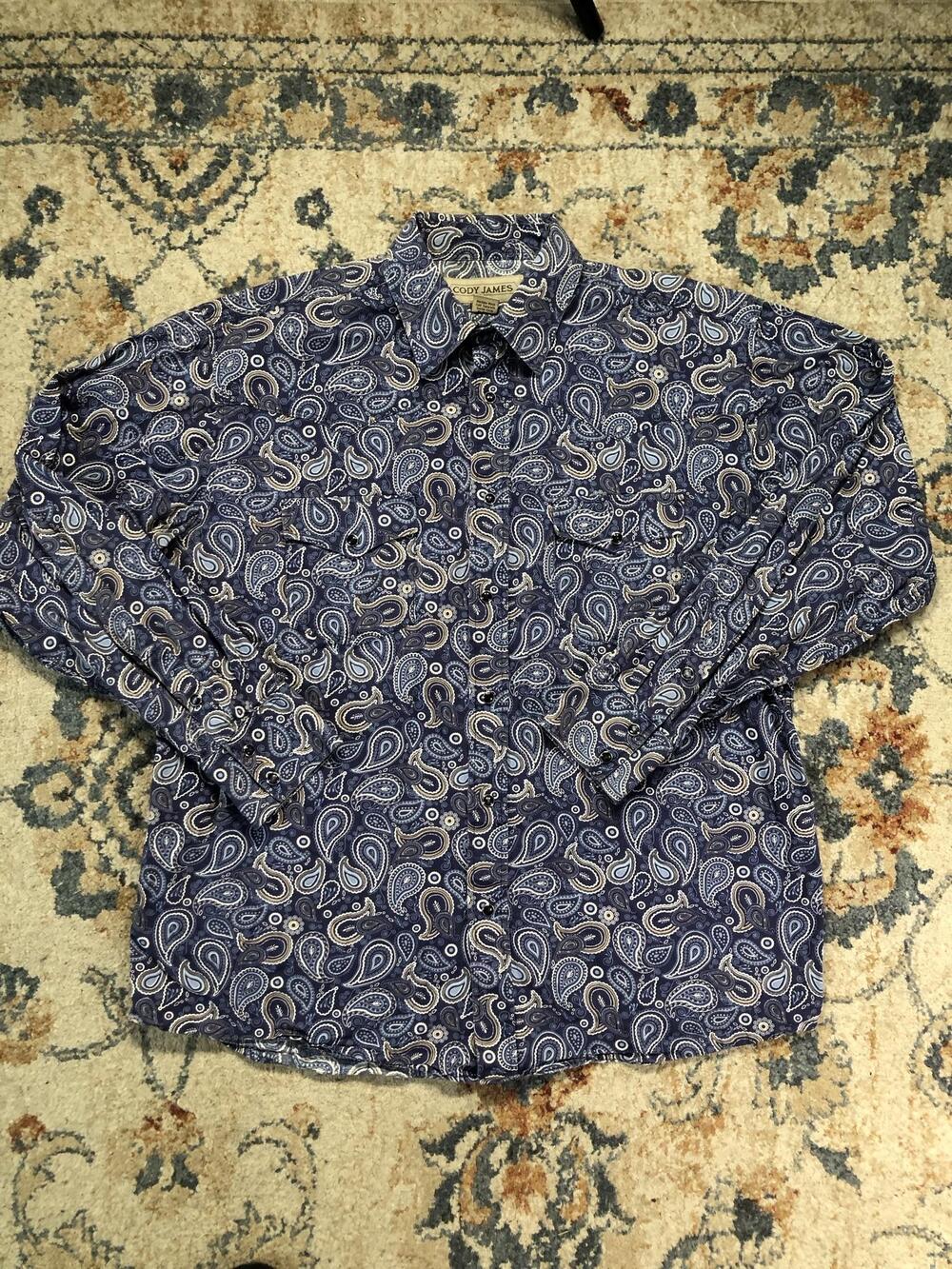 Cody James Shirt Mens L Blue Paisley Long Sleeve Western Pearl Snap Pockets